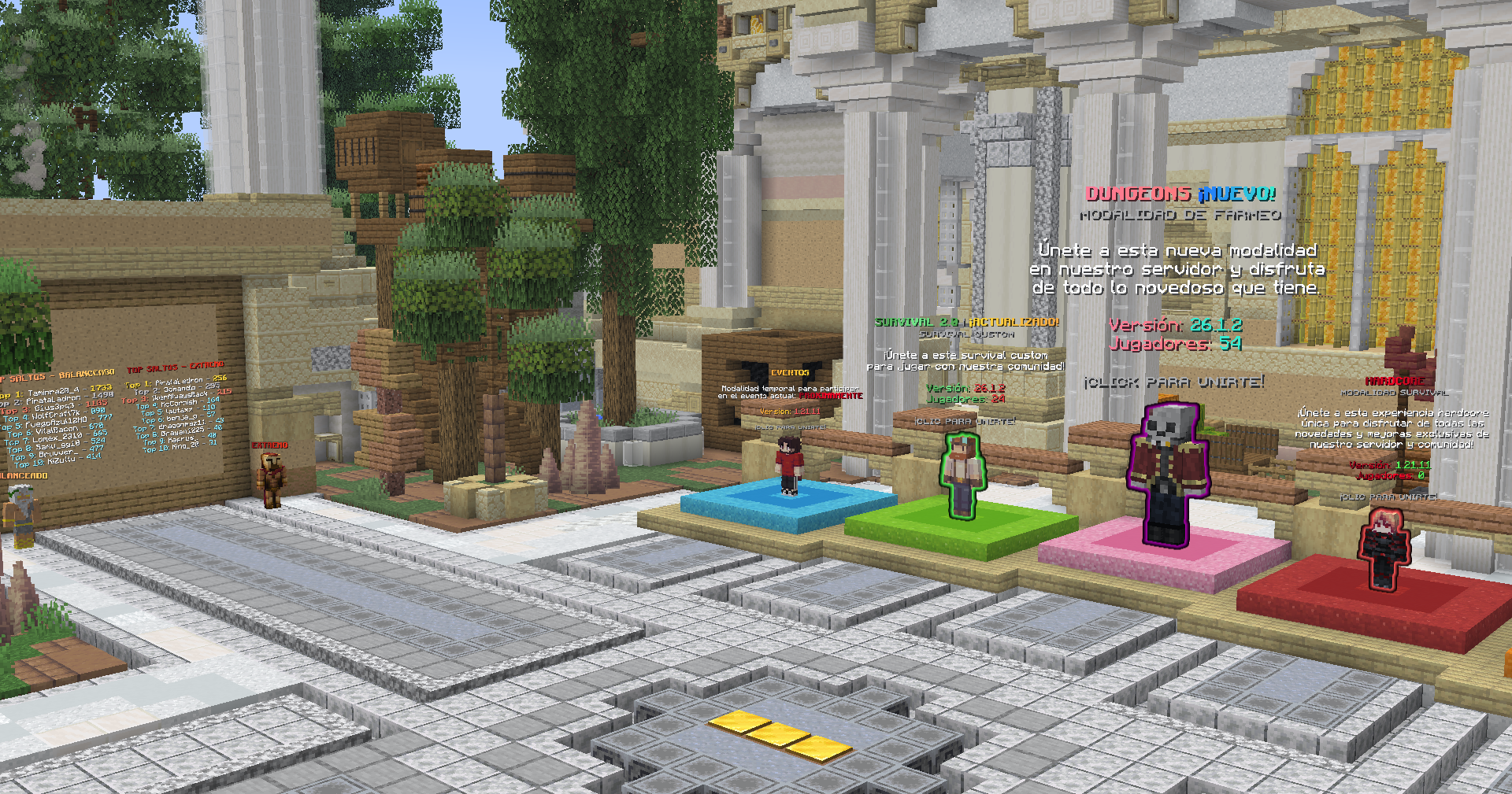 Lobby principal de Zeres Network con carteles de las modalidades Survival, Dungeons y Hardcore