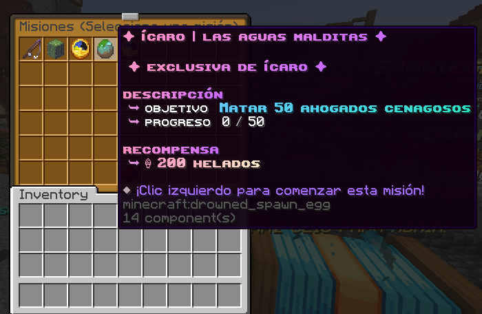 Tooltip de una misión custom del evento Ícaro con objetivo y recompensa