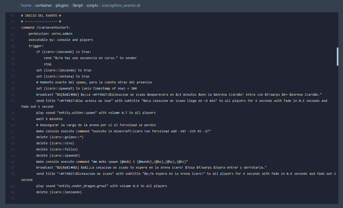 Fragmento de código Skript del evento de un jefe, con temporización y comandos