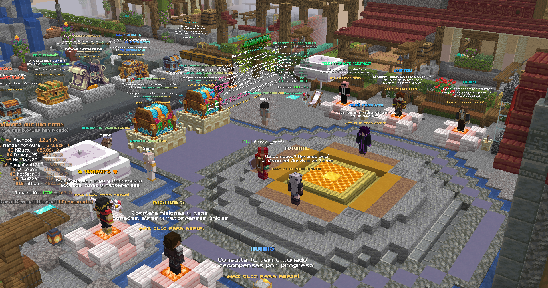 Spawn de la modalidad Survival con menús de misiones, rankups y cofres temáticos