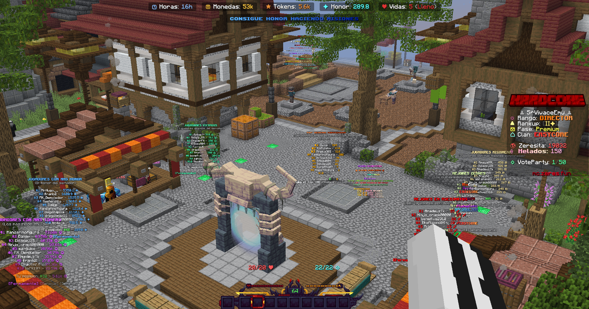 Interfaz de jugador con scoreboard, hotbar y bossbar personalizados en modalidad Hardcore